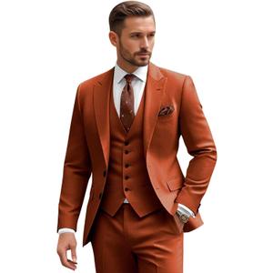 3 Piece Suit for Men Slim Fit Men's Suit Wedding Suits Single Breasted Suits Blazer Vest Pants Set Business Prom (Medium, Burnt Orange)