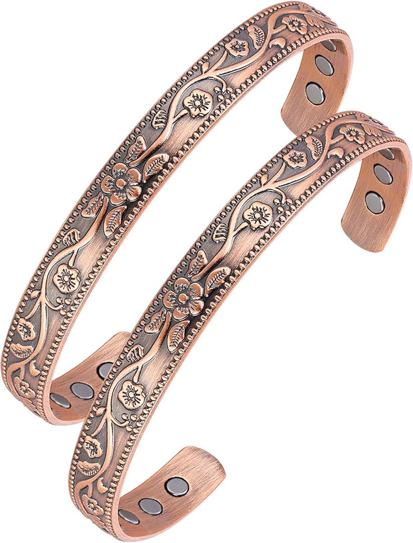 BioMag Copper Bracelet & Ring for Women, 99.99% Pure Copper Magnetic Bracelet Lymphatic Drainage Rings with 3500 Gauss Magnets, Adjustable & Flower Pattern (Copper-C-2PCS)