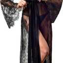 Sexy Night Gowns for Women with Satin Belt, Full Lace Coverage Kimono Robes, for Bridal, Maternity & Lounge Wear, Swimwear (One Size, Black)