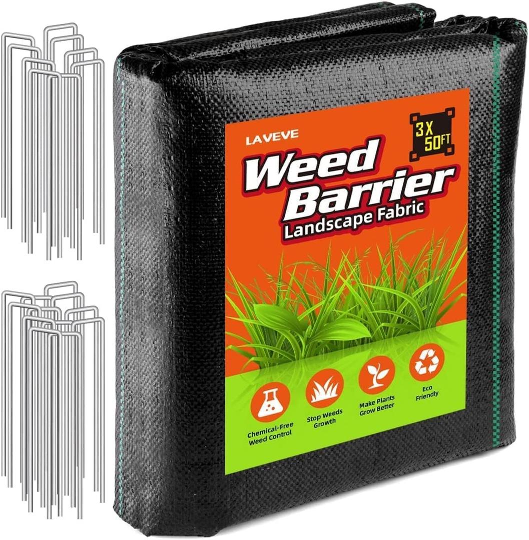 3FT x 50FT Weed Barrier Landscape Fabric, 3.2oz Premium Heavy Duty Garden Cloth, Ground Cover for Gardening, Farming with 10 U-Shaped Securing Pegs