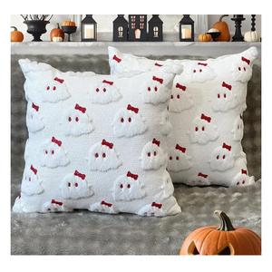 Halloween Ghost Decorative Pillow Covers 18x18, White Ghost with Red Bow Soft Plush Faux Fur Farmhouse Throw Cushion Cases for Halloween Holiday Home Decor Sofa Living Room
