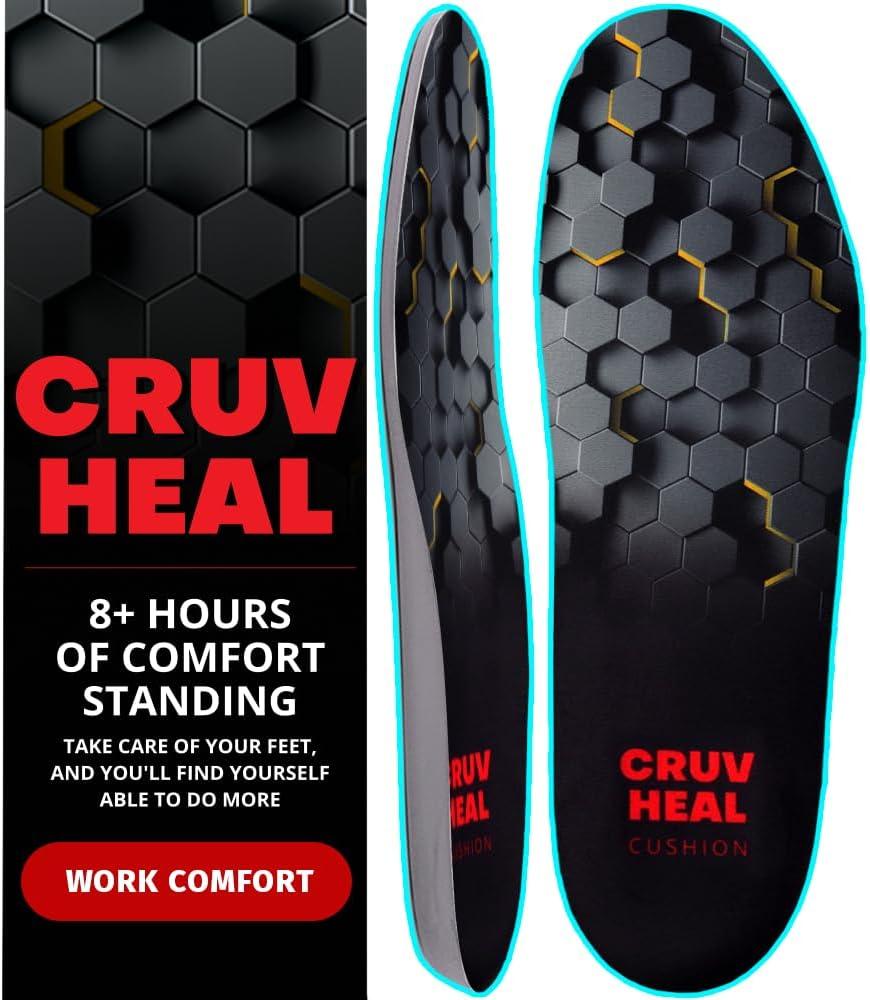 CRUVHEAL Work Comfort Orthotic Insoles - Anti Fatigue Shoe Insert Men Women - Low Arch Support - Shock Absorption - Foot Pain Relief - Work Boot Insoles (L, Black)