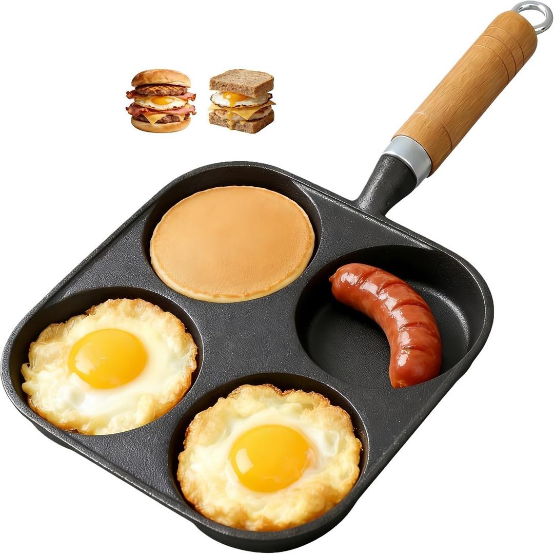 Cast Iron Egg Frying Pan 4 Hole, Omelette Pancake Pan, Fast Breakfast Pan for Eggs Pancakes Plett Crepes, Suitable for Gas Stove & Induction Cookware, Naturally Nonstick with Seasoning, 7.5inch