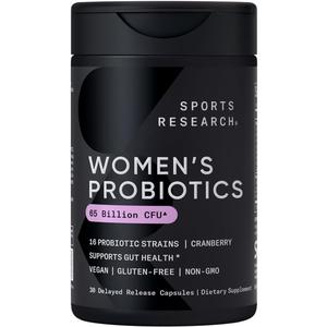 Sports Research Women's Probiotics with Prebiotics, 65 Billion CFU - Vegan Capsules for Gut Health & Digestive Support, Probiotics for Women with Cranberry - Non-GMO Verified & Gluten Free - 30 Count