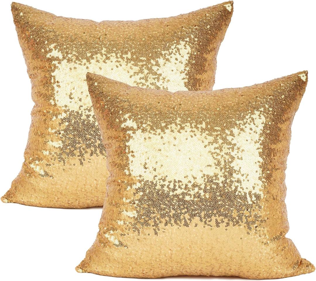 YOUR SMILE Pack of 2, New Luxury Series Gold Bling Decorative Glitzy Sequin & Comfy Satin Throw Pillow Cover Cushion Case for Wedding/Christmas,20"x20"