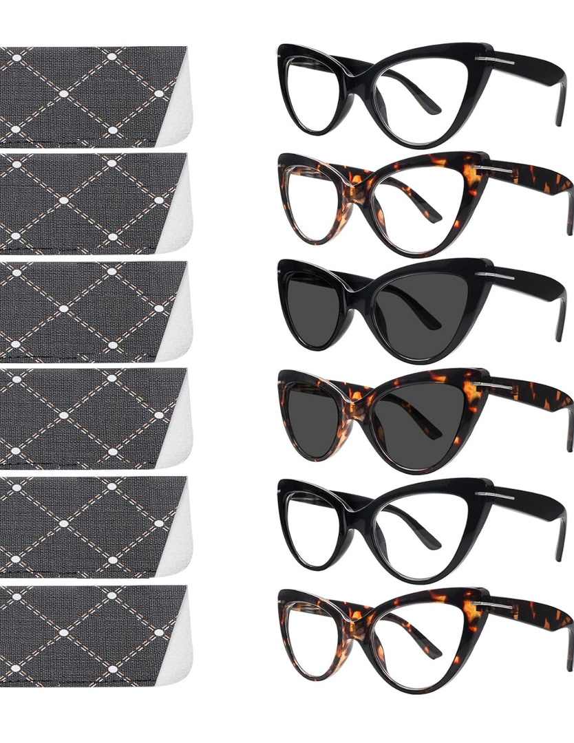 6 Pack Fashion Cat Eye Reading Glasses for Women Blue Light Blocking Oversized Spring Hinges Computer Readers +1.25