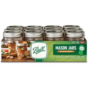 Ball Glass Mason Jar with Lids and Bands, Regular Mouth, Half Pint Size, 8 OZ (12 Pack) (Clear)