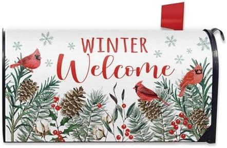 FBCOO Winter Welcome Cardinal Mailbox Cover Magnetic Standard Size 21" x 19", Red Birds Pine Needle Pine Cone Decorative Post Letter Box Wrap Decor, Christmas Red Berry Garden Yard Outdoor Decoration