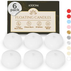 Axiom White Floating Candles for centerpieces - 4 Hours Burning Time Dripless 2 inch Floating Candles - Natural Hand Rolled Wax Candles for Valentine's Day,Parties, Celebration (6 Pack)