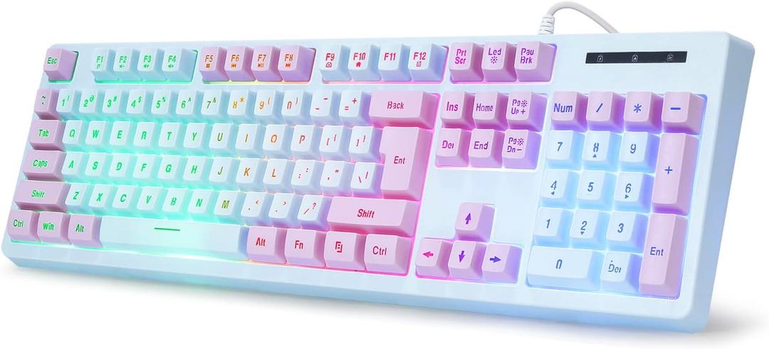 HUO JI Gaming Keyboard USB Wired with Rainbow LED Backlit, Floating Keys, Mechanical Feeling, Spill Resistant, Ergonomic for Xbox, PS Series, Desktop, Computer, PC, Blue Purple