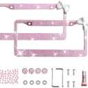 2 Pack Rhinestone License Plate Frames for Women Sparkly Bling Diamond Car Accessories, Shiny Crystal License Plate Covers with Red Bow & Glitter Screw Caps, Fits Standard US Plates (Pink+ White)