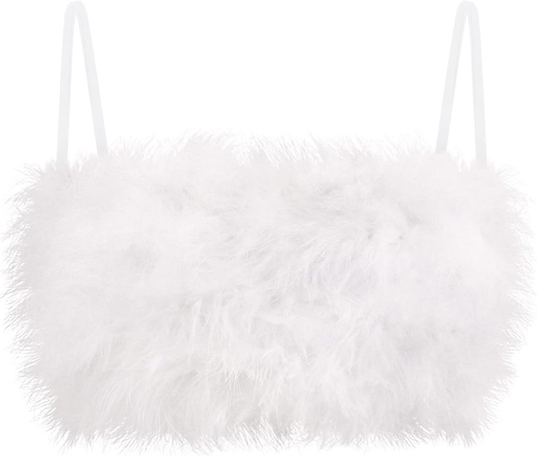 TYNORA Women's Faux Fur Crop Top Spaghetti Strap Tube Tops Strappy Cami for Concert Club Party (White) Large