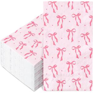 JarThenaAMCS 100 Pcs Pink Bow Paper Guest Napkin Cute Bowtie Napkin Disposable Hand Towel Napkins for Valentine's Day Home Bathroom Party Supplies