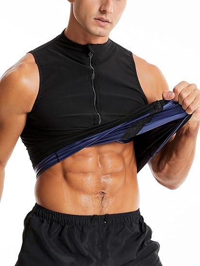 2 x Men's Stand Collar Sauna Vest, Sweat Enhancing Compression Shirt, Workout Waist Trainer Tank Top for Gym Running (Medium, Blue Lining)