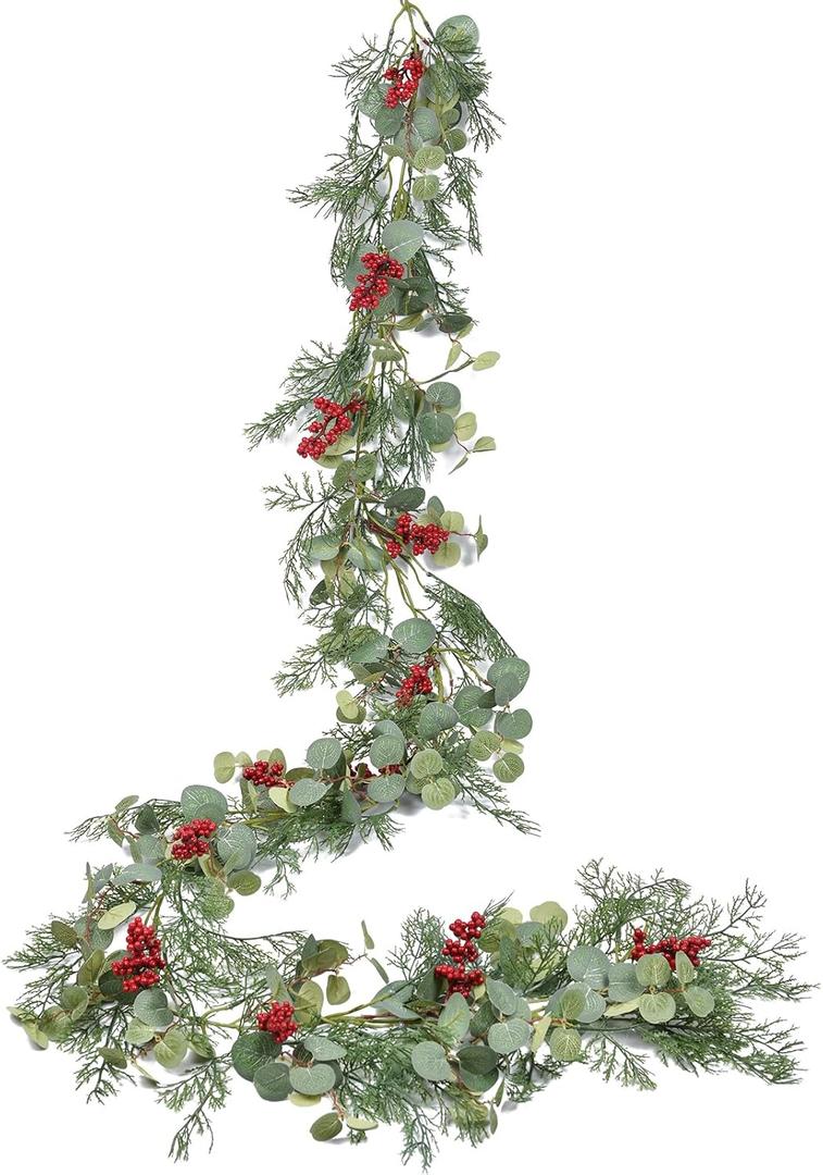 6ft Pine Christmas Garland,Artificail Red Berry Garland Christmas with Eucalyptus Leaves Cypress Garland for Home Decoration for Winter Holiday Mantel Table Decor