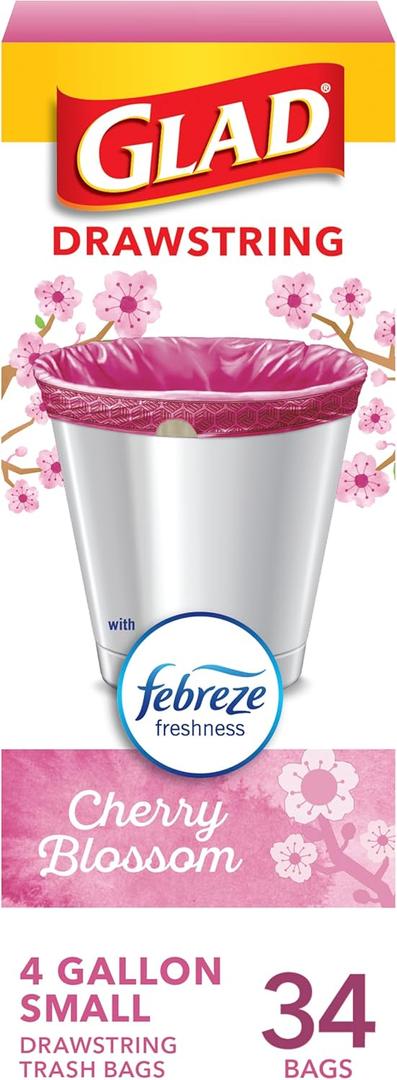 Glad Small Trash Bags 4 Gallon, Febreze Cherry Blossom Garbage Bags, Odor Resistant with Drawstring, 34 Count