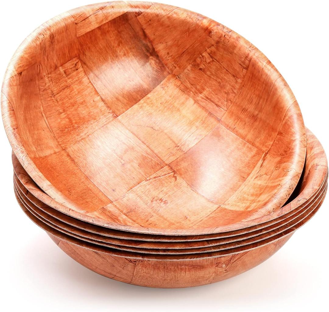 Elsjoy 6 Pack 10 Inch Wooden Woven Salad Bowl, Unbreakable Wood Round Serving Bowl Large Wood Salad Bowl, Reusable Wood Snack Bowls Large Serving Bowls for Fruits, Pasta, Popcorn