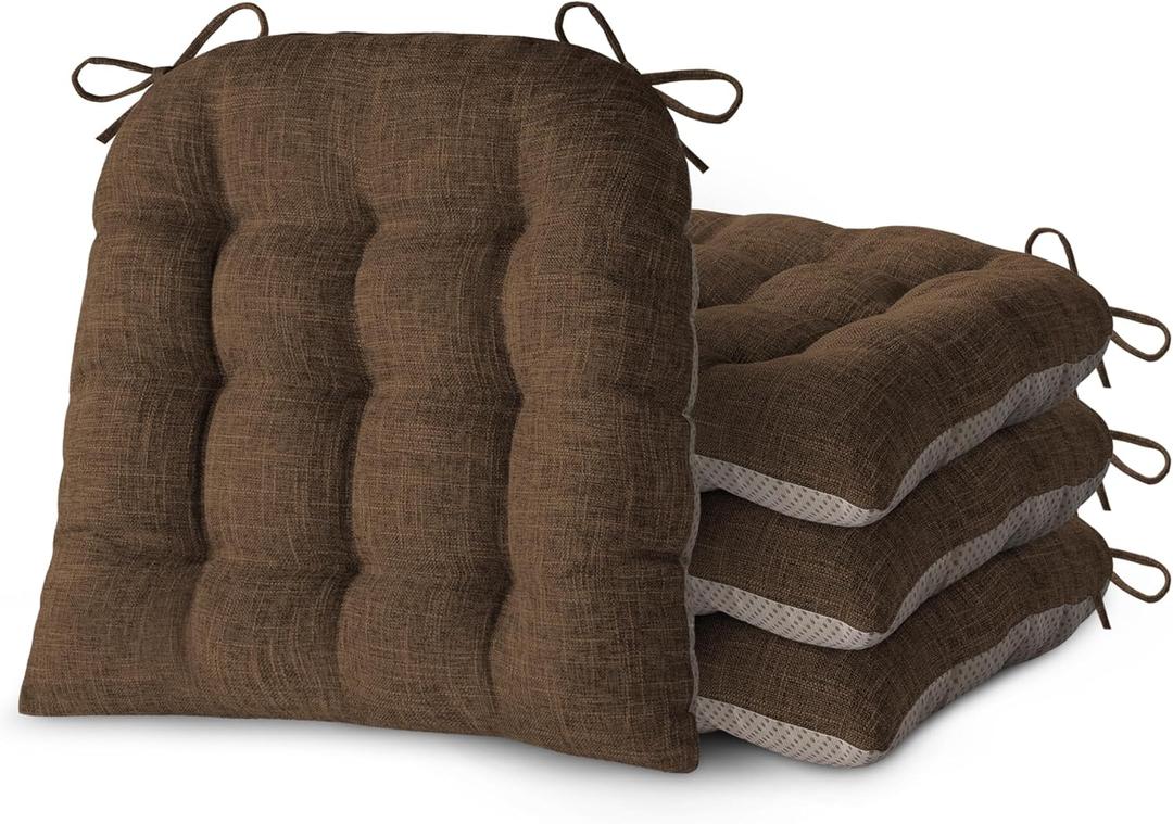 Chair Cushions for Dining Chairs Set of 4 Durable D-Shaped Seat Cushions with Non-Slip Backing Secure Ties Thick Cozy Seat Pad for Kitchen Dining Room Office(18x16.5x3in Coffee)