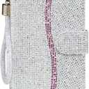 Guppy Bling Wallet Case Compatible with iPhone 15 Plus, PU Flip Blocking Wallet with Wrist Strap Magnetic Closure Built-in Kickstand Protective Case - Silver