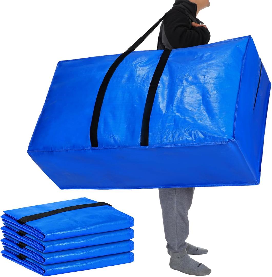 Windyun 4 Pack 57 Gallon Extra Large Moving Bags XXL Heavy Duty Storage Bag with Strong Zipper Handle Jumbo Big Tote Box Foldable for College Dorm Travel Clothes Duffle Blanket Pillow (Blue)