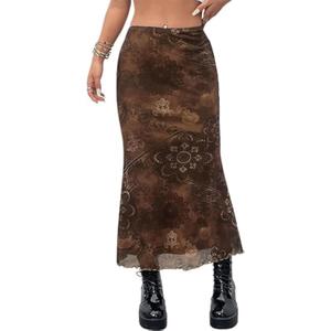 Avanova Women Boho Floral Mesh Long Skirts Elastic High Waisted Mermaid Hem 90s Grunge Maxi Skirt, M