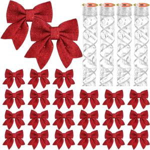 23pcs 5.5'' Mini Christmas Bow Decorations and 4 Rolls Sheer Glitter Ribbon, Sequin Wreaths and Organza for Christmas Tree Ornaments Gift Wrapping (Red Bow and Silver Ribbon)