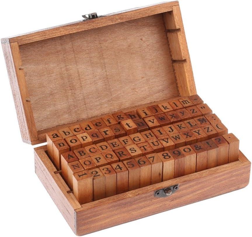 70 Pcs Wooden Rubber Stamps Number and Alphabet Letter Wood Rubber Stamps Set Wooden Rubber Number Letter, Stamper Seal Set with Wooden Box Vintage DIY