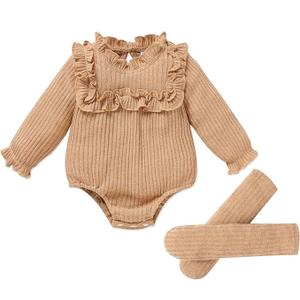GRNSHTS Newborn Baby Girl Clothes Ruffle Rompers Toddler Fall Outfits for Girls Set Little Girl Fall Winter Clothing (0-3M, Khaki)