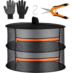Desy & Feeci Herb Drying Rack- 2ft Diameter 2 Layer Folding Mesh Hanging Basket Dryer Net with Zippers for Seeds Flowers Buds Plants Garden Outdoor Bumper Harvest(D24xH16 inch) (Orange)