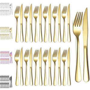 Evanda Gold Steak Knives Set 24 Piece, Gold Titanium Plating Stainless Steel 12 Dinner Forks and 12 Dinner Knives Set, Steak Knives Steak Forks, Dishwasher Safe
