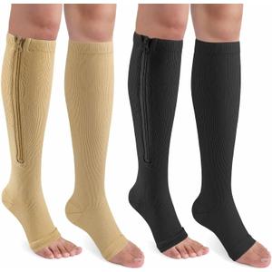 CASMON 2 Pairs Zipper Compression Socks for Women & Men, 15-20 mmHg Open Toe Knee High Support Socks for Varicose Vein Edema (Large-X-Large, Black+beige)