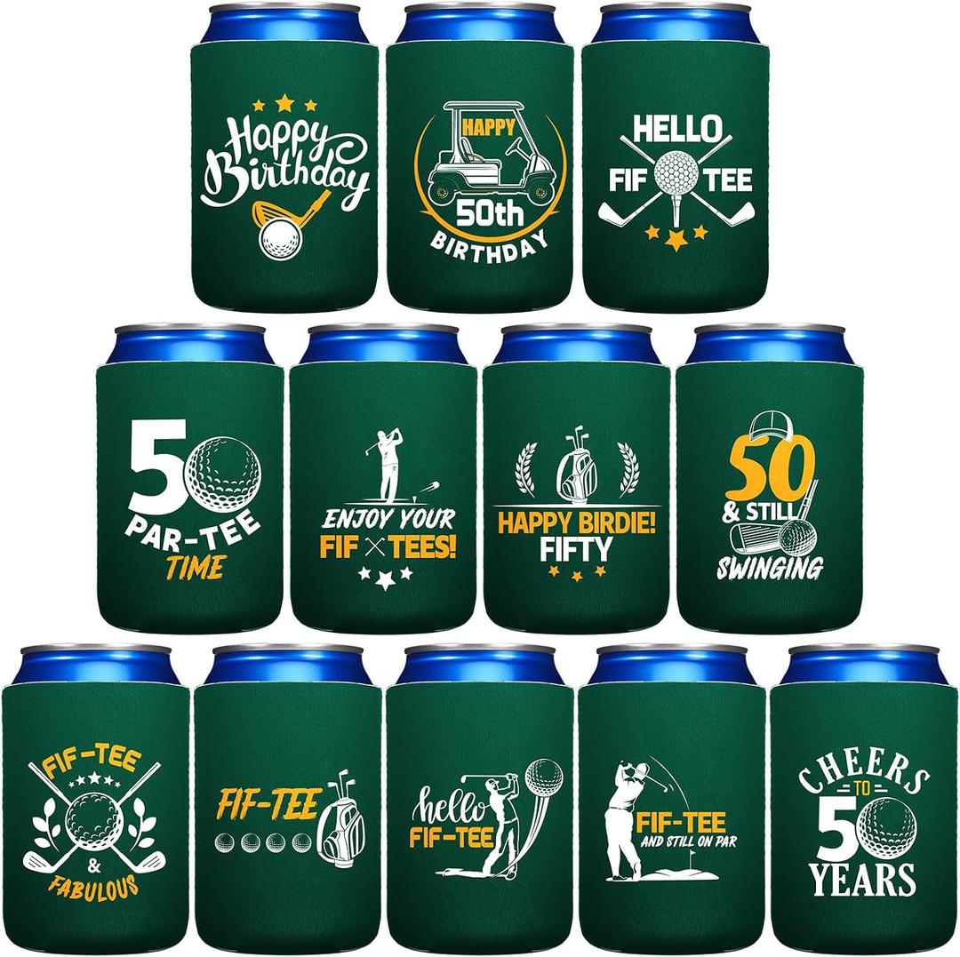 Jingmore 12 Pack Funny Golf Themed Can Coolers Reusable Neoprene Beer Sleeve Bulk Thermal Insulation & Keep Cool Interesting Gift for Golfer Birthday Party Supplies (50th Themed)