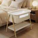 Uuoeebb Baby Bassinet, Bedside Bassinet for Baby, 2-in-1 Bedside Sleeper with Mattress, Half-Mesh Breathable Design, 4 Auto-Lock Wheels, Storage Basket, Easy Assembly (Khaki)
