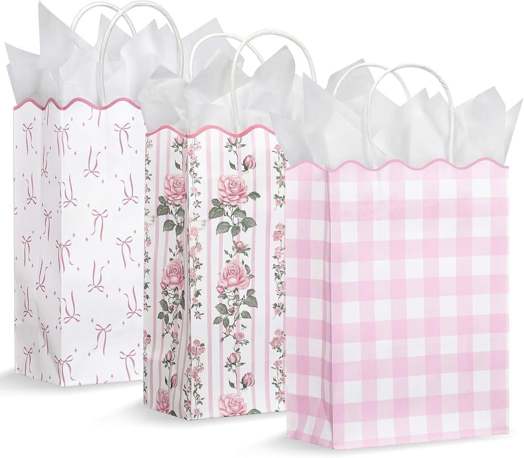 LemonSecret 24 Pcs Pink Bow Gift Bags with Handles Flower Plaid Party Favor Candy Goodie Bags with Wave Edge for Weddings Birthday Bridal Shower Party Supplies, 8.3 x 6 x 3.2 Inches