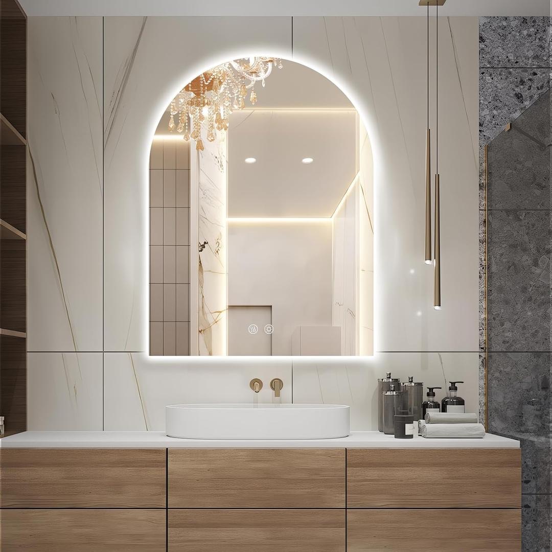 Niccy Arched LED Bathroom Mirror, 40x30 Inch Arch Frameless Backlit Mirrors for Wall Arched Lighted Vanity Mirrors Defogger and 3 Color, Explosion-Proof, HD Glass and IP65 Waterproof (Up Vertical)
