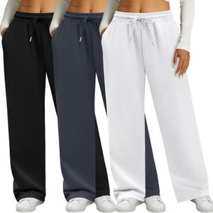 Neer 3 Pack Women's Sweatpants with Pockets, High Waisted Casual Yoga Pants Cozy Lounge Drawstring Loose Wide Leg Jogger (Medium, Black, Graphite Gray, White)