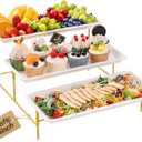 Lifewit 3 Tier Serving Tray for Party, 14" x 6.5" Plastic Tiered Food Serving Platters, White Tiered Tray Stand with Gold Collapsible Metal Stand, Decorative Dessert Table Display Set, Buffet Server