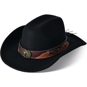Wide Brim Cowgirl Hat Men Large Wide Brim Cowboy Hats for Women with Buckle Belt Classic Cowboy Outfits (Brown, M)