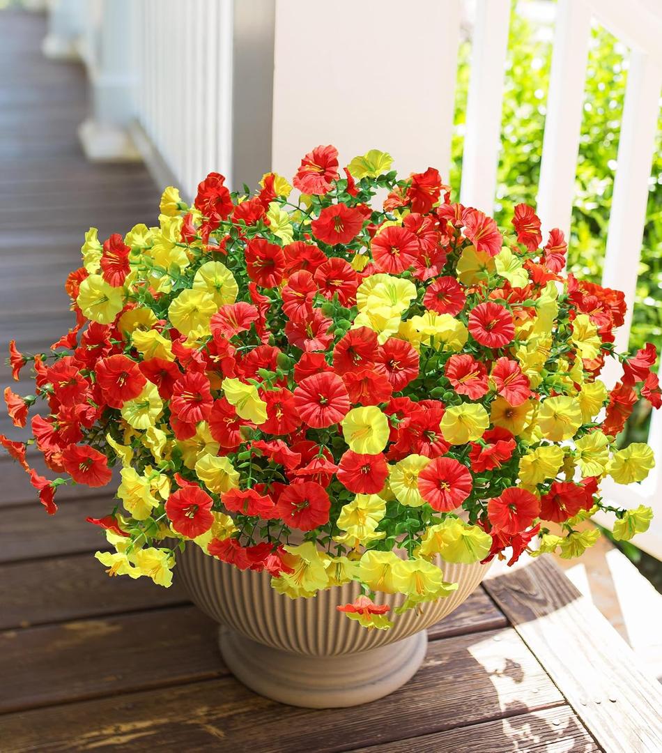 3 x HyeFlora Artificial Flowers for Outdoors Fake Plants Outside Decoration, 12 Bundles Silk Colorful Morning Glory with Eucalyptus UV Resistant Realistic Faux Flowers for Planter Porch Patio Yard Garden