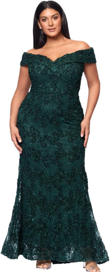Xscape Women's Xscape Women's Soutache Lace V-Neck Off the Shoulder Floor Length Dress (Green), 10 Petite, Hunter Green