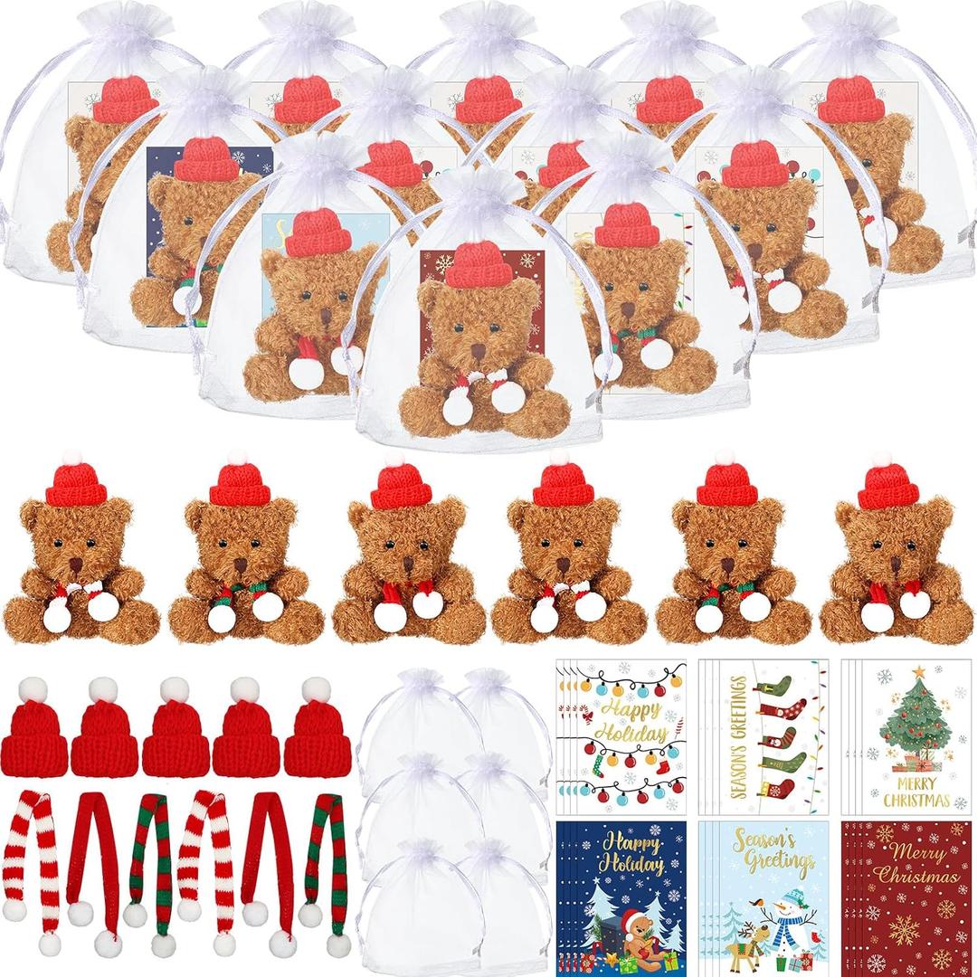 Poen 24 Set 4 Inch Mini Christmas Stuffed Plush Bear with Santa Hat Scarf Cards Organza Bags Xmas Small Bear Toy Set for Holiday Party Favor(Classic Style)