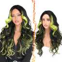 BARSDAR Black Green Highlight Long Wavy Wig with Curtain Bangs – 28 Inch Green Black Ombre Highlight Calico Wig for Women – Natural Looking Thick Soft Synthetic Wigs Party Halloween Gothic Costume