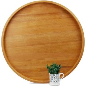 MAGIGO 28 Inches Extra Large Round Teak Wood Ottoman Tray with Handles, Serve Tea, Coffee Classic Wooden Decorative Serving Tray