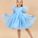 LalaMira Flower Girl Dress Organza Toddler Dresses Puff Sleeve & Bow Bcak Girls Princess Dress for Wedding Birthday Party Blue-12M