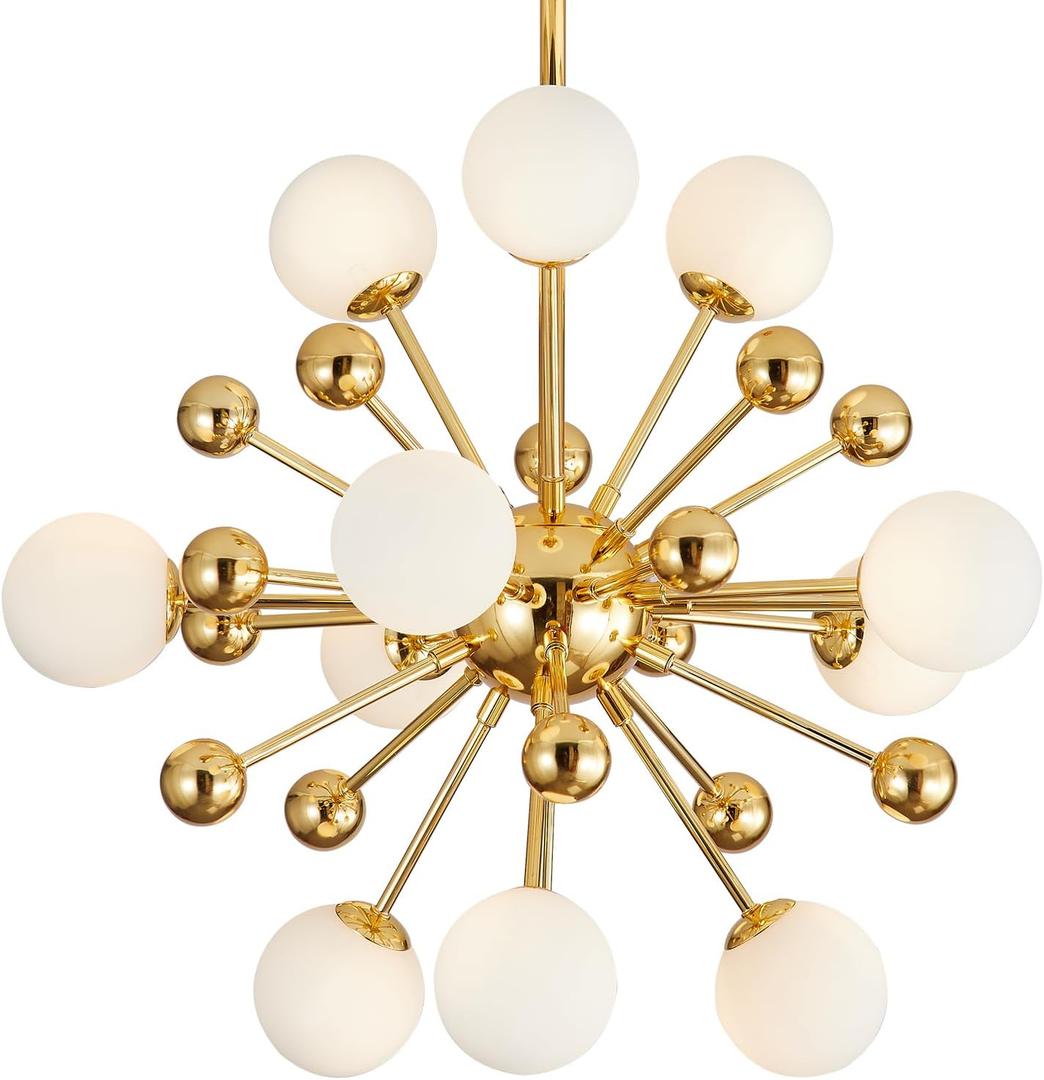 KCO Lighting Sputnik Chandelier Lighting Fixture Gold Mid Century Modern Hanging Pendant Light, Frosted Glass Modern Ceiling Pendant Light Living Room Dining Room (11 Lights)
