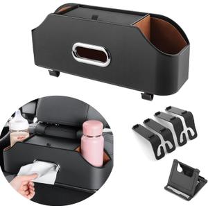 Car Back Seat Organizer with 2 Drink Cup Holder and Tissue Box, Headrest Hanging Storage Box with Hooks and Phone Holder, Multi-Functional Storage for Kids and Travel. (Black)