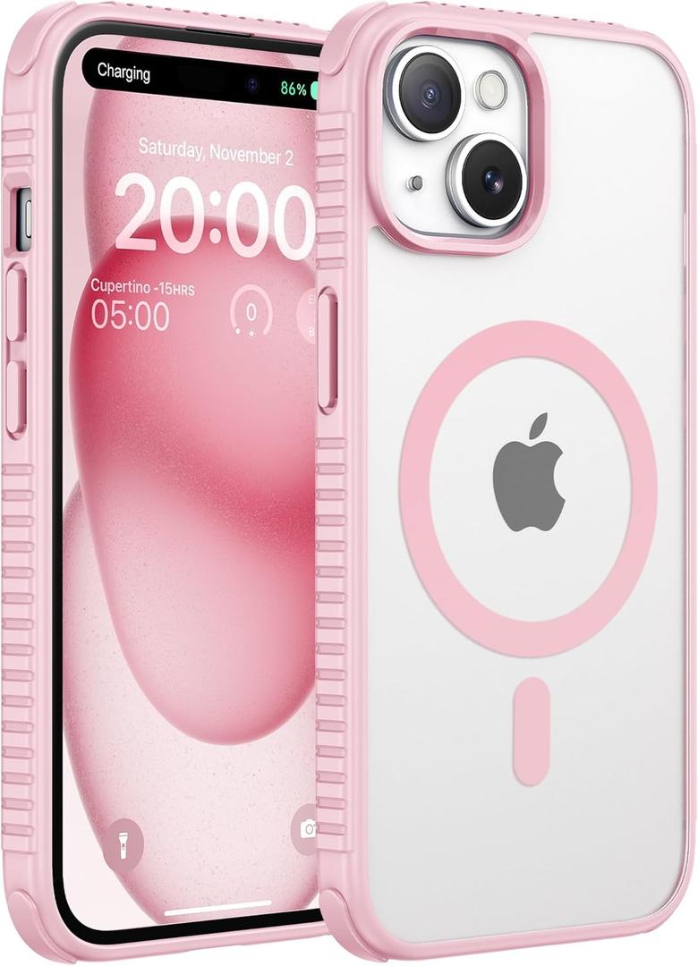 SUCGLES for iPhone 15 Plus Case with MagSafe, N56 Strong Magnet, 12FT Drop Protection, Non-Slip, Matte Translucent Magnetic Slim Case (Pink)
