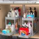 2PC Under Sink Organizer Rack 2 Tier Under Sliding Cabinet Basket Organizer Drawer with 4 Hooks, Multi-purpose Under Sink Storage for Bathroom Kitchen DesktopGrey