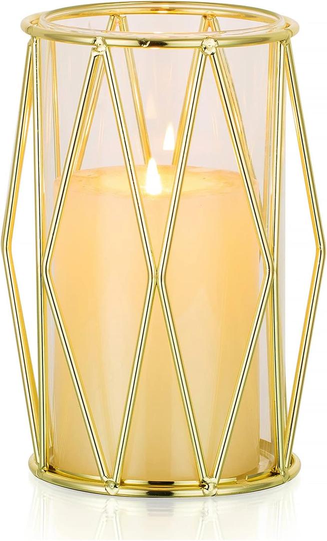 Nuptio Candle Holders for Pillar Candles - Geometric Candleholders Gold Flower Vase with Hurricane Cylinder Glass Dual Uses for Wedding Birthday Party Table Living Room Centerpieces (Small)