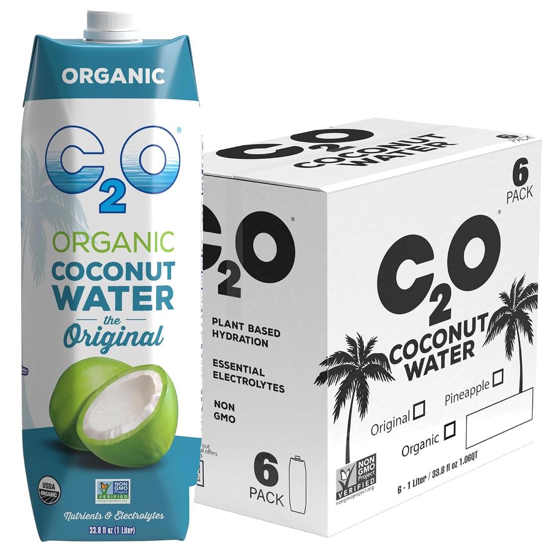 C2O - Organic Coconut Water, The Original Flavor (6 Pack) - Made with Fresh Coconut Water - Plant Based, Non GMO - Natural Hydration, Essential Electrolytes, & Potassium - 6 Tetra Packs, 33.8 FL OZ BBD: 05/28/2027
